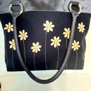 JAKS Hand painted Daisies on Navy Blue Canvas and Satin Handbag